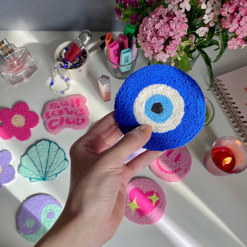 Custom cute mini coaster handmade square checked embroidery punch needle mug rug coasters for desk