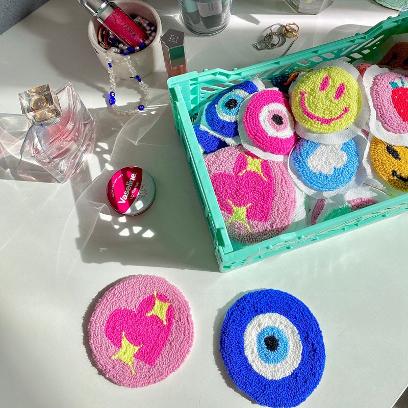 Custom cute mini coaster handmade square checked embroidery punch needle mug rug coasters for desk
