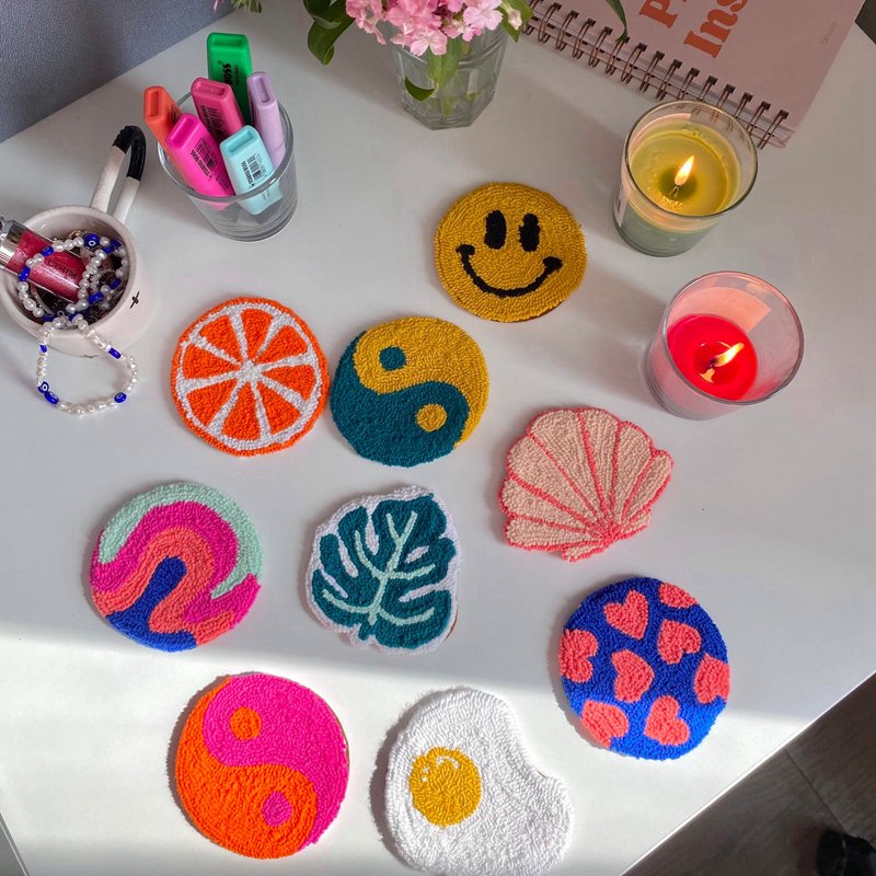 Custom cute mini coaster handmade square checked embroidery punch needle mug rug coasters for desk
