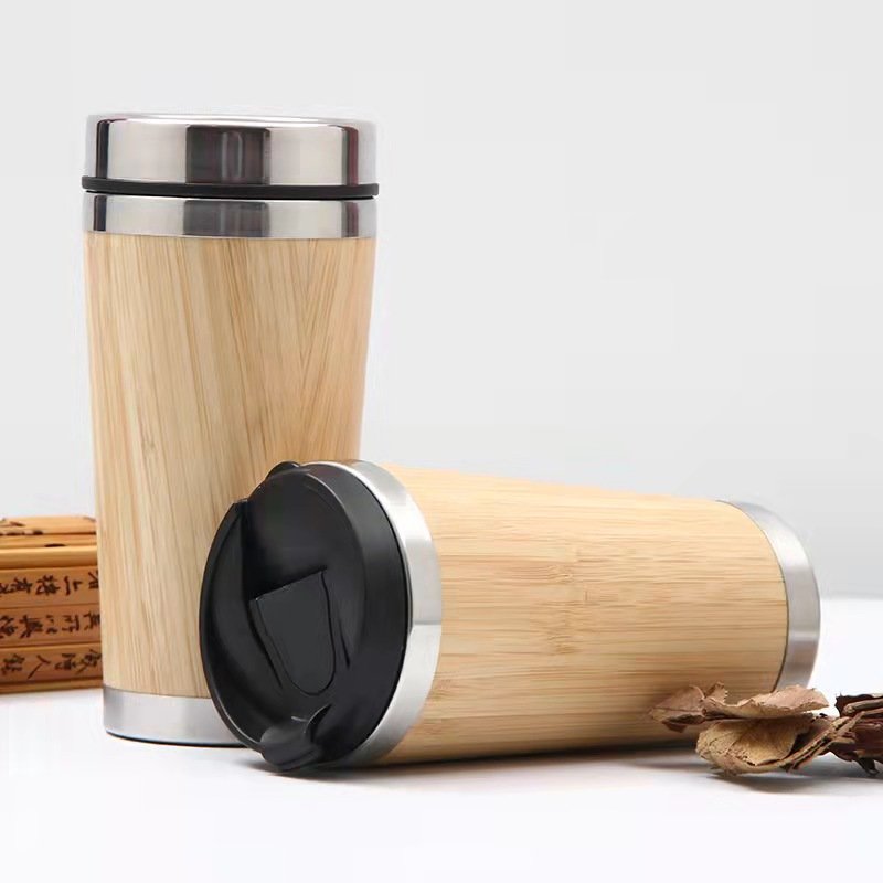 New Design 450ml Bamboo Water Bottle Custom Thermal Coffee Mug Bamboo Thermos with Bamboo Camping Balloons Portable Modern
