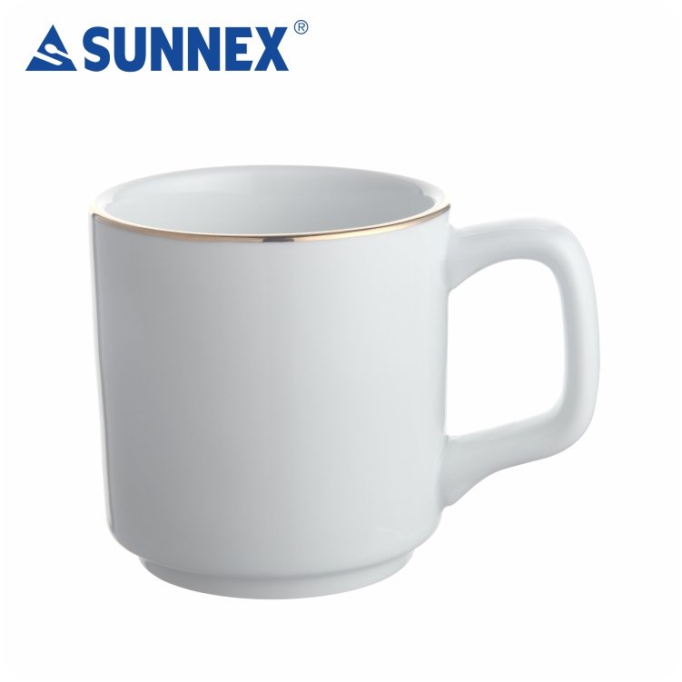 2023 New 8*8.5 cm White Porcelain Mug with Hand Painted Gold rim for Hotel, Catering, Restaurant, Banquet