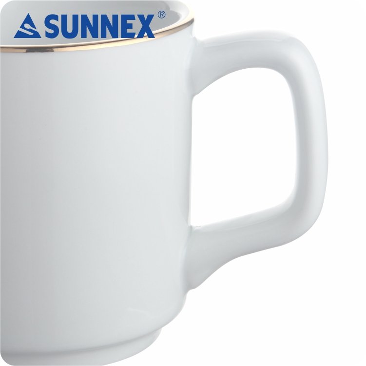 2023 New 8*8.5 cm White Porcelain Mug with Hand Painted Gold rim for Hotel, Catering, Restaurant, Banquet
