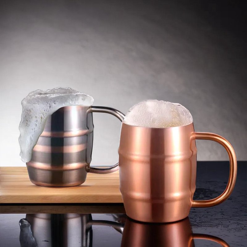 Low price 300/450/500 Double Wall Stainless Steel Beer Mug Coffee Cup Barrel shape metal beer Steins Tankard with handle