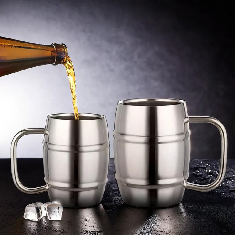 Low price 300/450/500 Double Wall Stainless Steel Beer Mug Coffee Cup Barrel shape metal beer Steins Tankard with handle