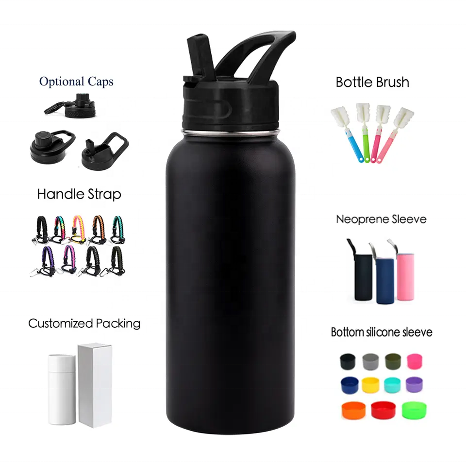 Custom 32oz 40oz Wide Mouth Double Wall Sports Bottle Vacuum Insulated Flask Stainless Steel Water Bottle with Straw Lid