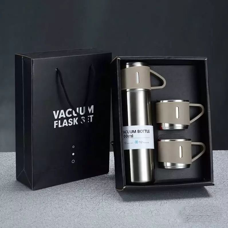 Top Seller Flasche Mit Tasse Stainless Steel Insulated Thermos Bottle Water Bottle Mug Tumbler Vacuum Flask Gift Set With 3 Lids