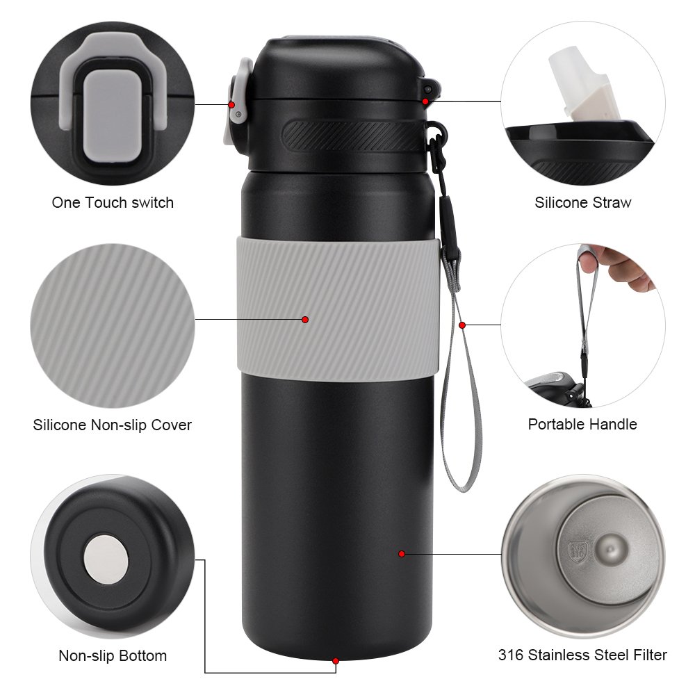 600ml Thermos Bottle 316 Stainless Steel Insulated Water Bottle, Travel Leak-proof Bounce Lid Vacuum Flasks with Straw