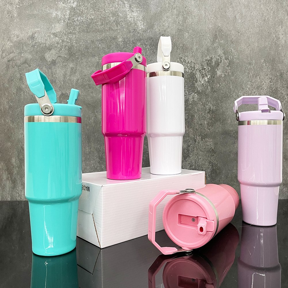 30oz flip top macaron cup double walled stainless steel matte colored sublimation water bottle with handle For DIY printing