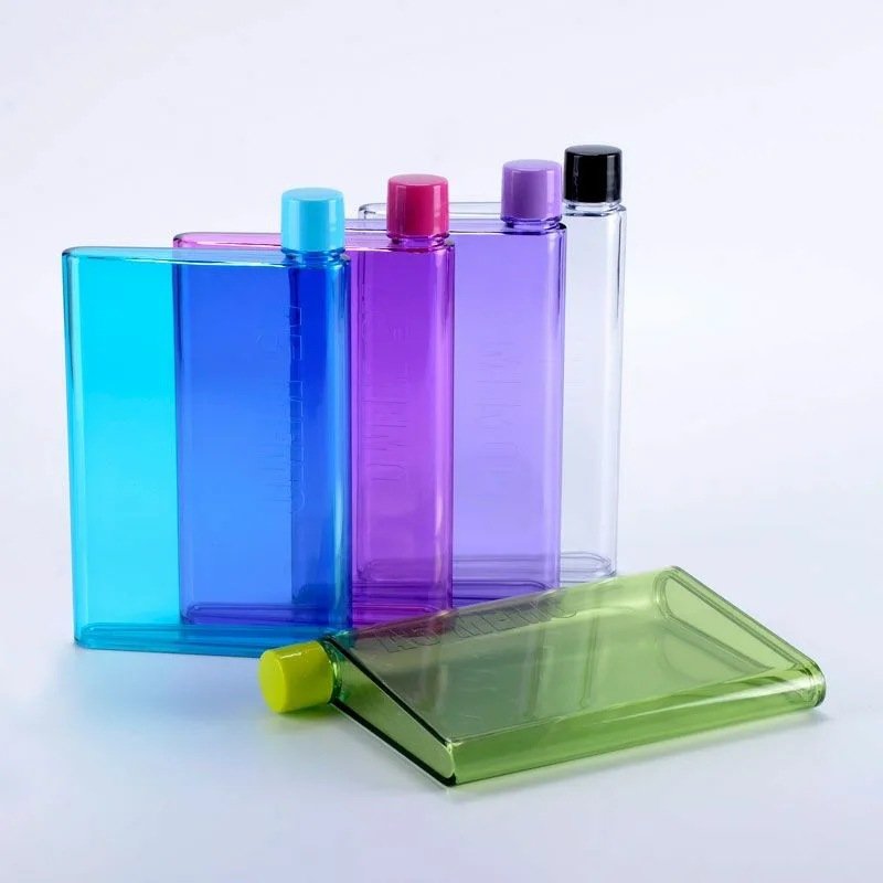 Wholesale Custom Logo 420ml Portable Sport Plastic Vacuum Flask Water Drink Cup Transparent A5 Notebook Flat Square Water Bottle