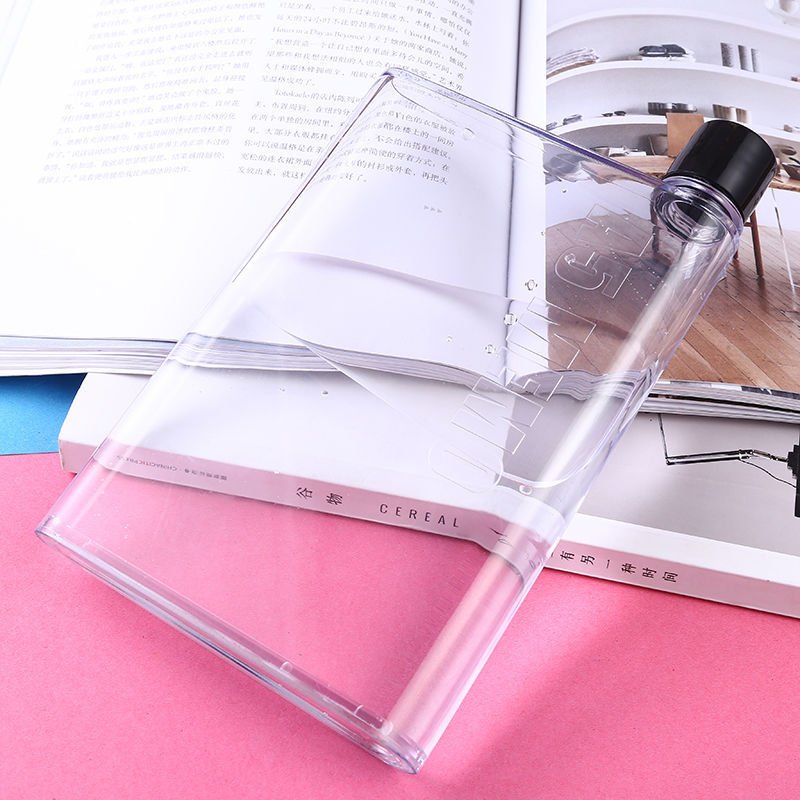 Wholesale Custom Logo 420ml Portable Sport Plastic Vacuum Flask Water Drink Cup Transparent A5 Notebook Flat Square Water Bottle