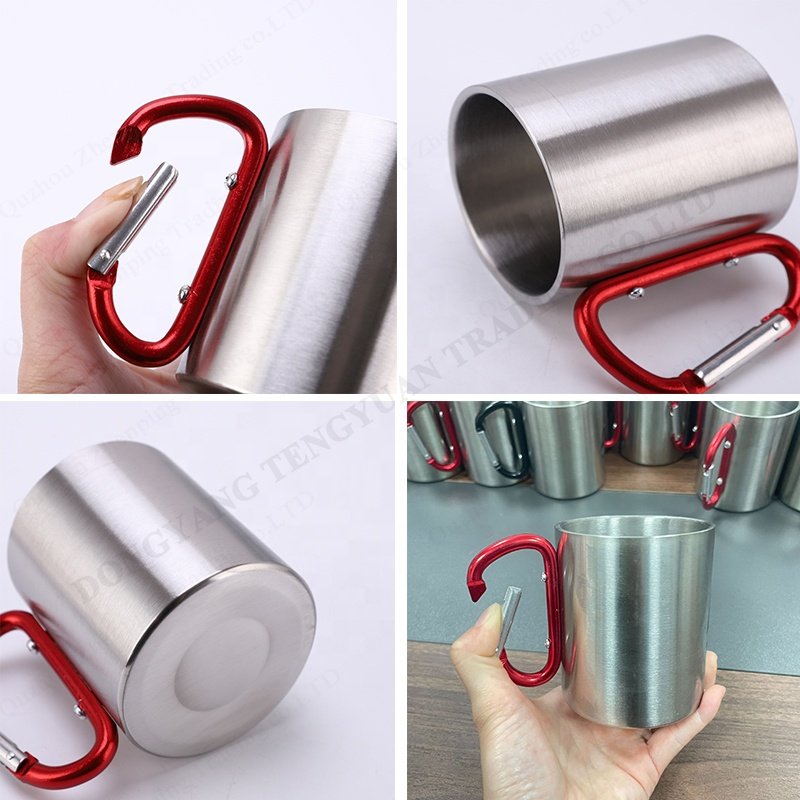 TY 200ml 300ml in stock Custom Logo Stainless Steel Coffee Mugs with Carabiner Handle Camping and Backpacking Travel Cup