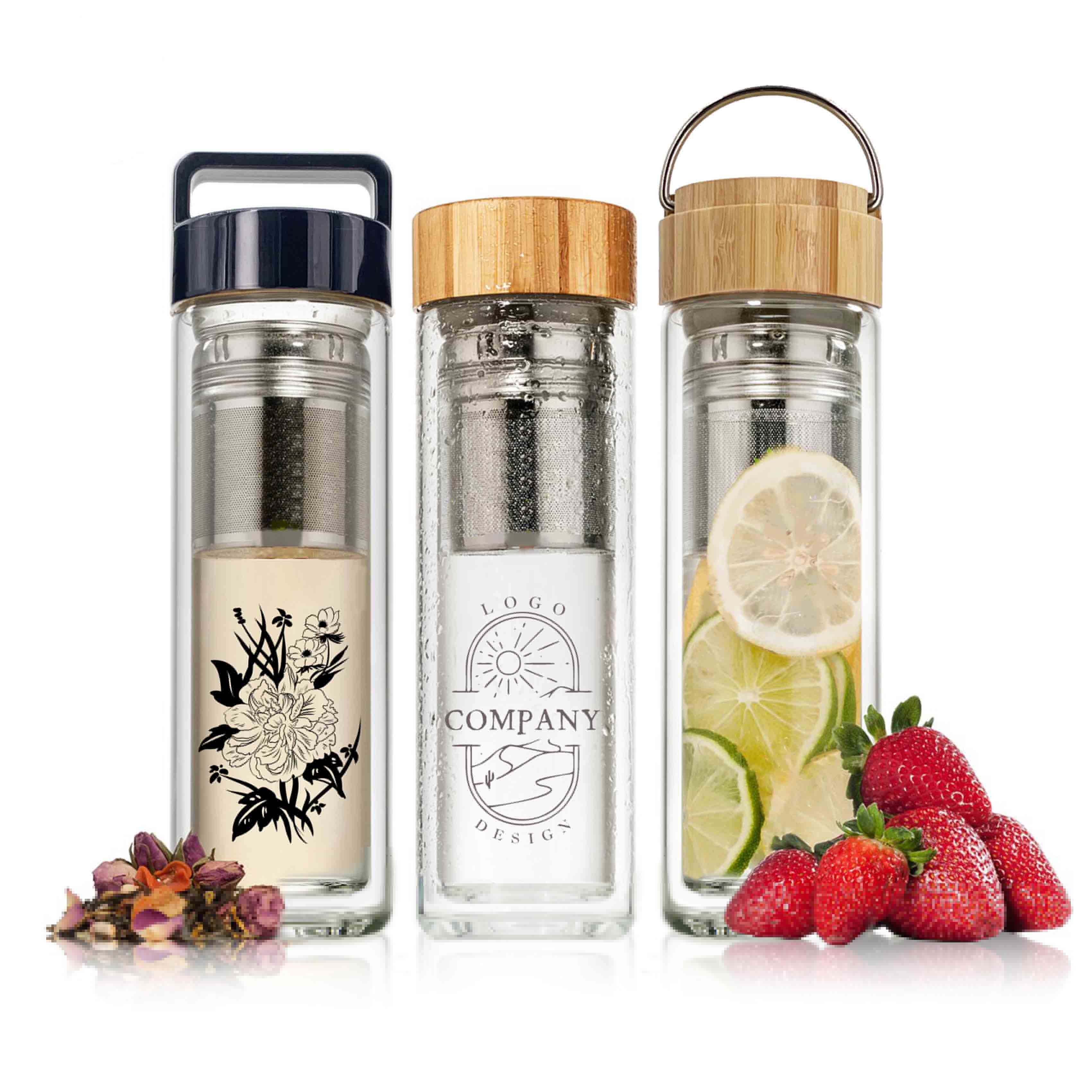 450ml Fruit and Tea Infuser Water Bottle Double Walled Glass Bottle with Bamboo lid and Neoprene Protective Carrying Sleeve