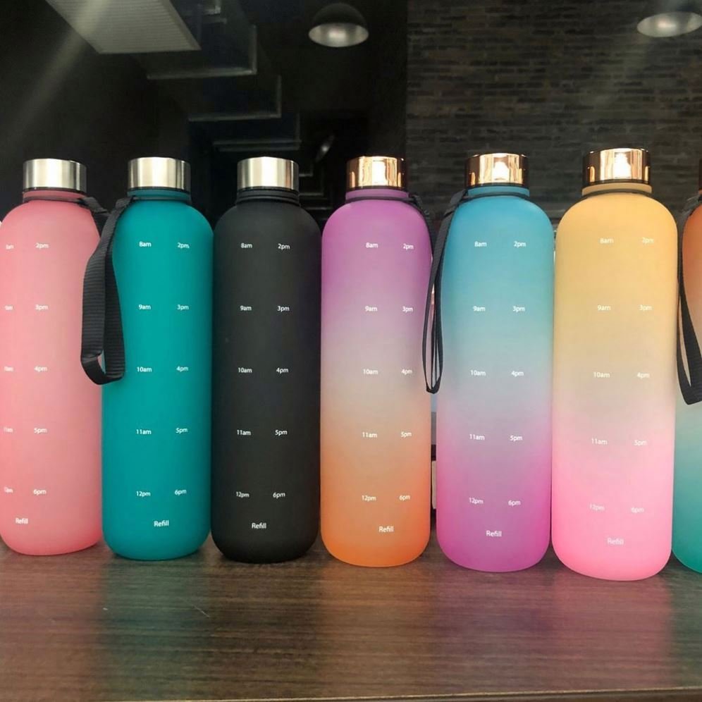 KOBES Motivational 32oz 1000ml Gym Drinking Clear BPA Free PC Plastic Wide Mouth Water Bottle with time marker