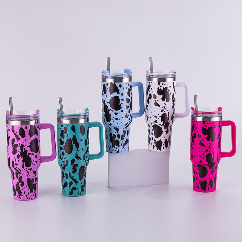 USA Warehouse RTS 40 OZ Sport Tumbler Sublimation Blanks H1.0 Milk Cow Pattern 3D Print Handle Stainless Steel Travel Mug Cup