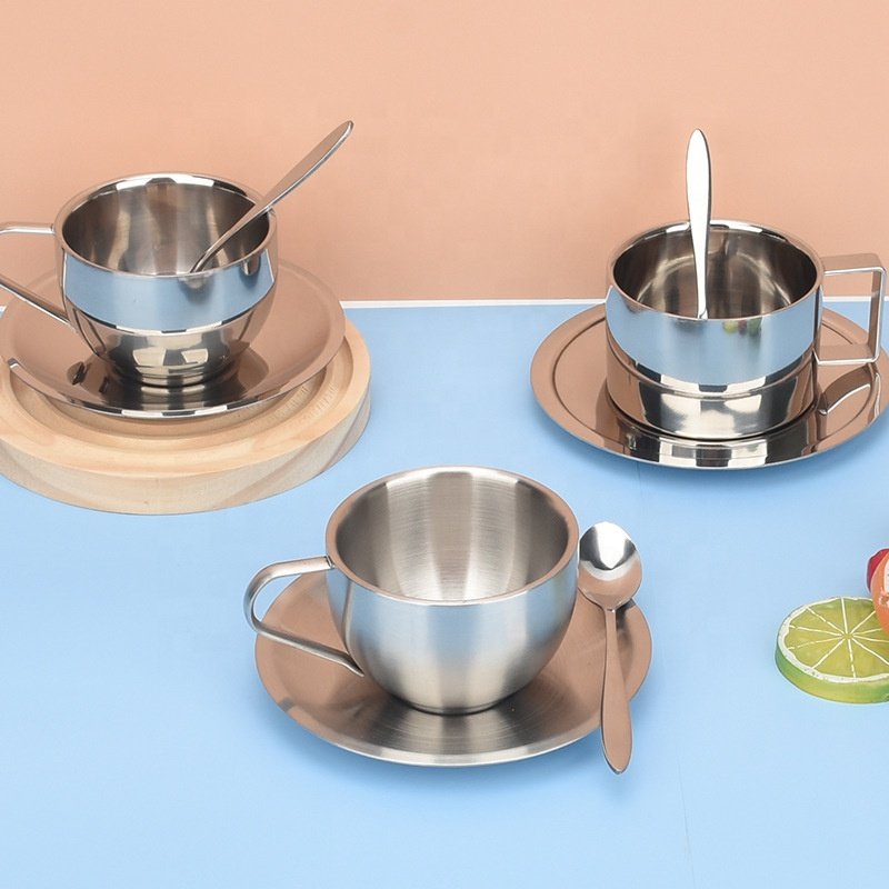 Popular 304 stainless steel coffee cup set three piece set Stainless Steel Mug Product reusable milk cup With Spoon And Tray
