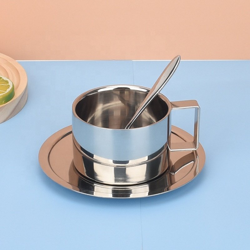 Popular 304 stainless steel coffee cup set three piece set Stainless Steel Mug Product reusable milk cup With Spoon And Tray