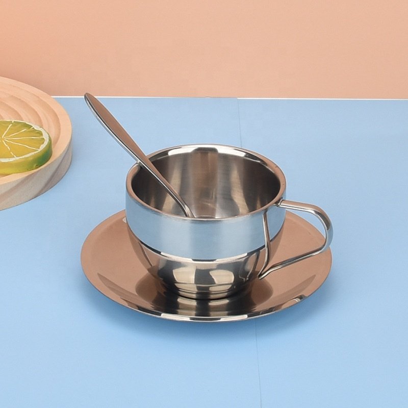 Popular 304 stainless steel coffee cup set three piece set Stainless Steel Mug Product reusable milk cup With Spoon And Tray