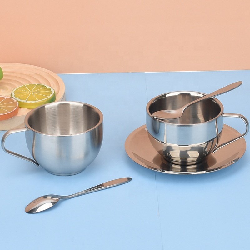Popular 304 stainless steel coffee cup set three piece set Stainless Steel Mug Product reusable milk cup With Spoon And Tray
