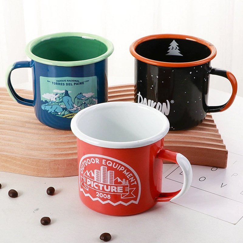 Wholesales 210/350/500ml Campfire Cup Mugs Custom Logo Rolled Rim Metal Mugs Steel Tin Camping Red Green Enamel Mug With Handle
