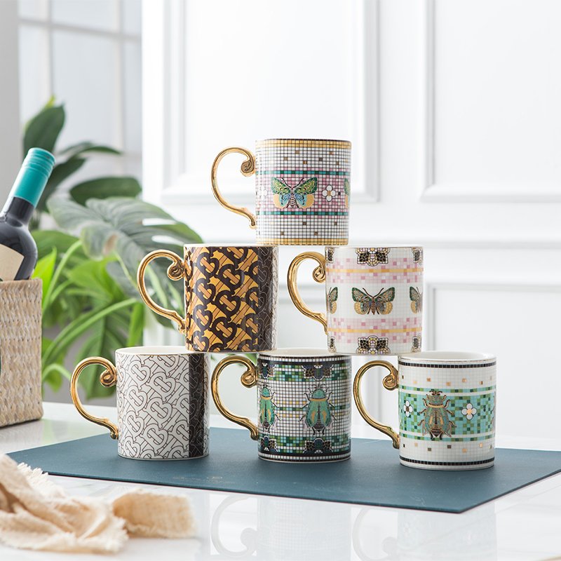 Wholesale Luxury Gold Handle Ceramic Mug Porcelain Mugs Ceramic Tea Cups Gold Rim Cups and Mugs Coffee Cups