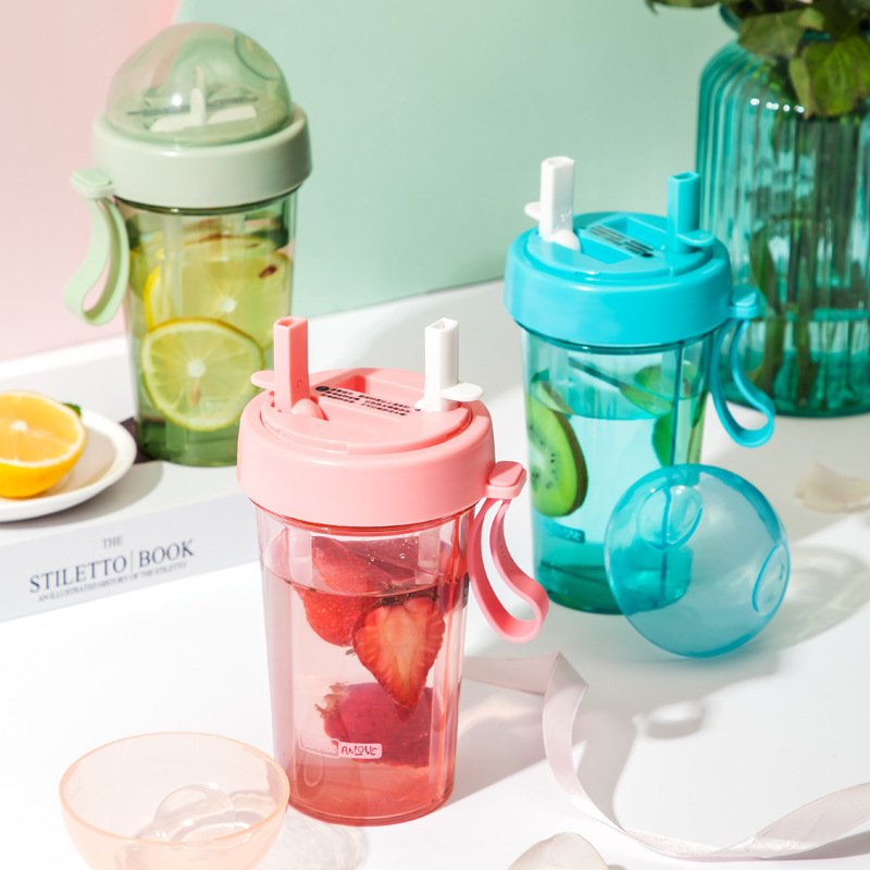 Casual Style Plastic Cup Double Drink Water Cup With Detachable Straw Outdoor Sports Portable Travel Mug Water Bottle