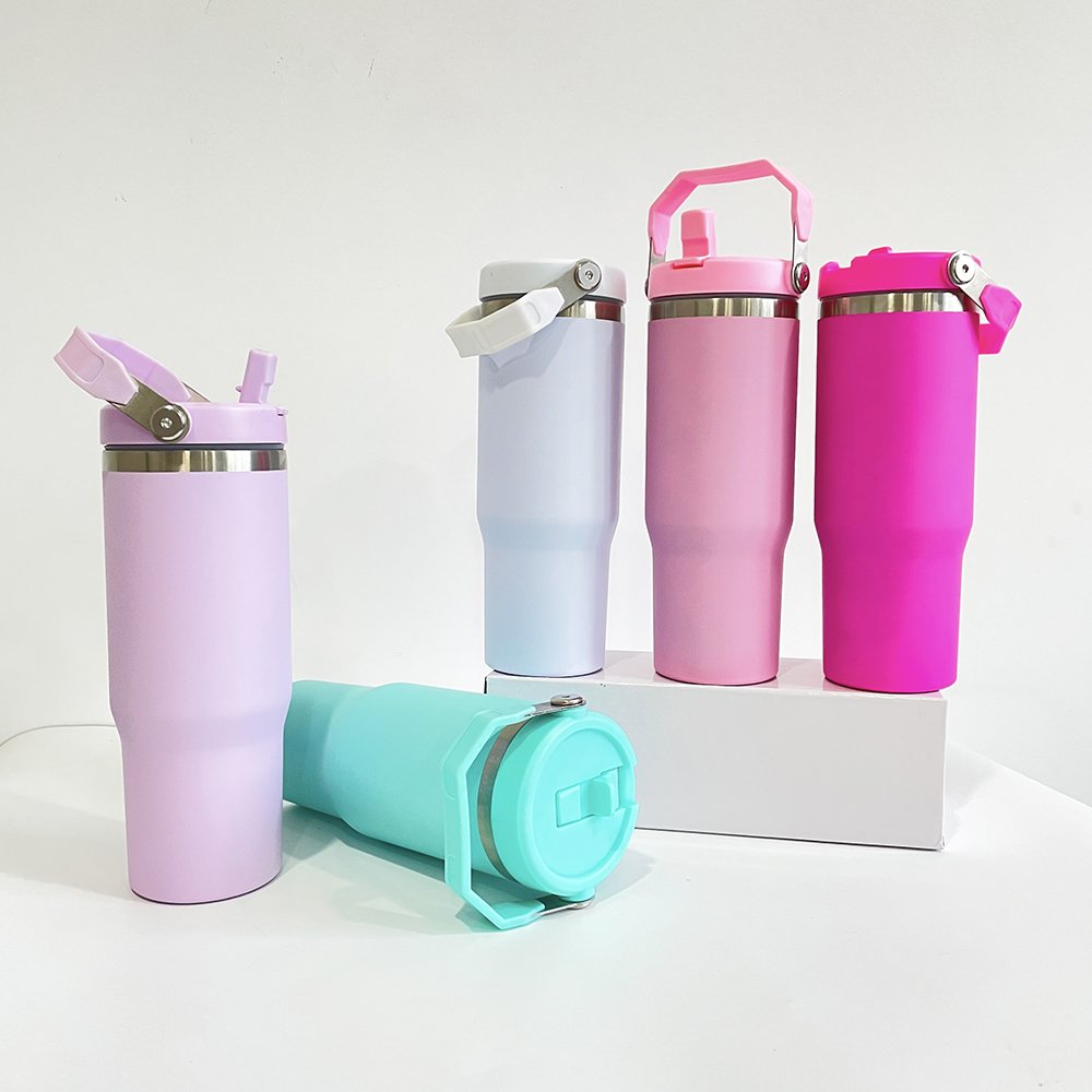 blank sublimation 30oz matte colored sports Flip Straw water bottle with handle For Heat Press Printing for cold drinks
