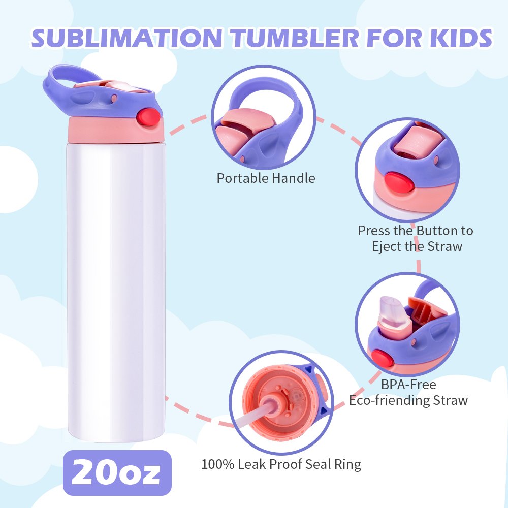 US Warehouse 20 OZ White Straight Tumblers Colorful Flip Tops Sublimation Blanks Double Wall Stainless Steel Sport Water Bottle