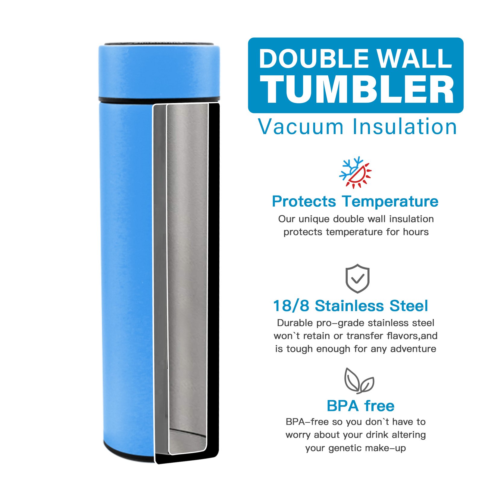 Temperature display double wall designed vacuum stainless steel water bottle with lid