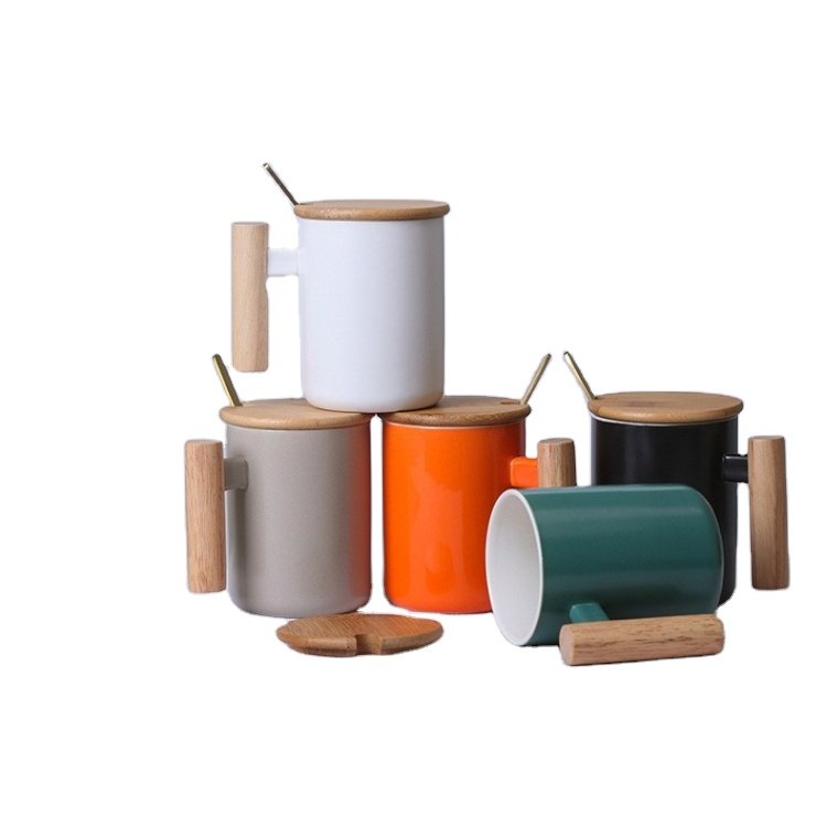New sale gift porcelain coffee mug set custom logo 301-400ml ceramic tumbler cups ceramic coffee mugs with wooden handle