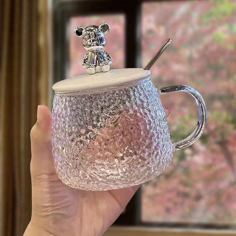Clear Little Bear Glass Mug Hammer Pattern Home Office Coffee Glass Cup With Lid And Spoon