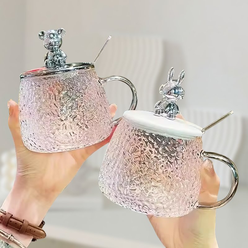Clear Little Bear Glass Mug Hammer Pattern Home Office Coffee Glass Cup With Lid And Spoon