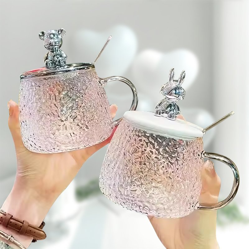Clear Little Bear Glass Mug Hammer Pattern Home Office Coffee Glass Cup With Lid And Spoon