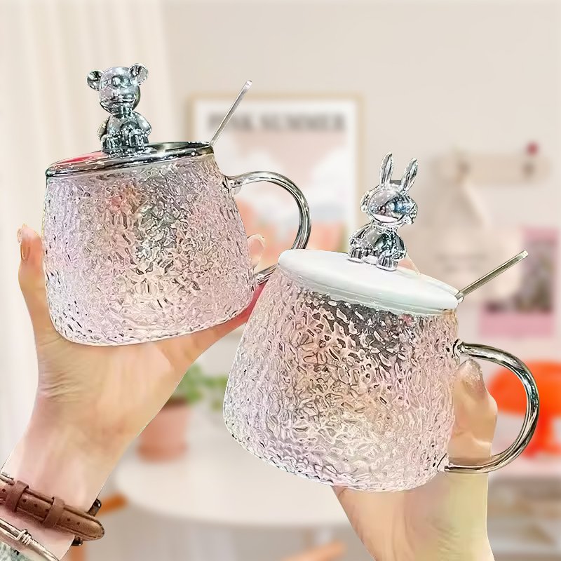 Clear Little Bear Glass Mug Hammer Pattern Home Office Coffee Glass Cup With Lid And Spoon