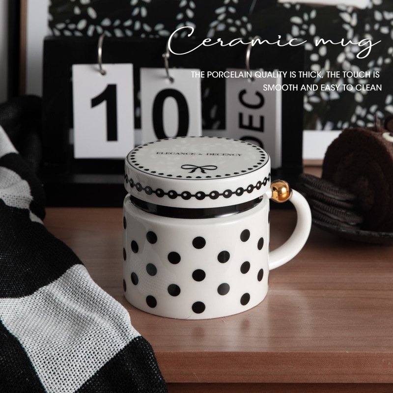 Creative Black White Polka Dots Ceramic Coffee Mug Luxury Hepburn Style Tea Cup with Porcelain Milk Breakfast Cover Party Gift