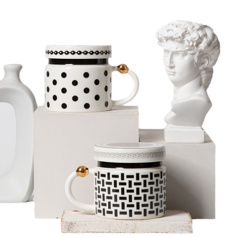 Creative Black White Polka Dots Ceramic Coffee Mug Luxury Hepburn Style Tea Cup with Porcelain Milk Breakfast Cover Party Gift