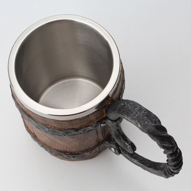 Large Capacity Barrel Beer Wood Cup Stainless Steel Mug with Handle