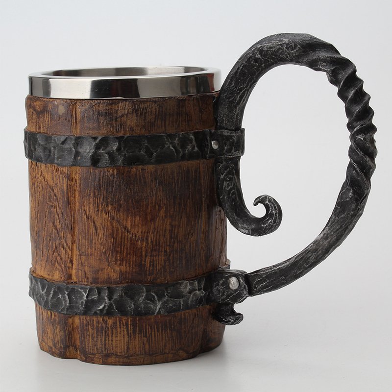 Large Capacity Barrel Beer Wood Cup Stainless Steel Mug with Handle