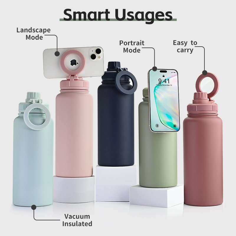 Custom logo smart 32oz double wall vacuum flasks insulated stainless steel magnetic magsafe water bottle with phone holder