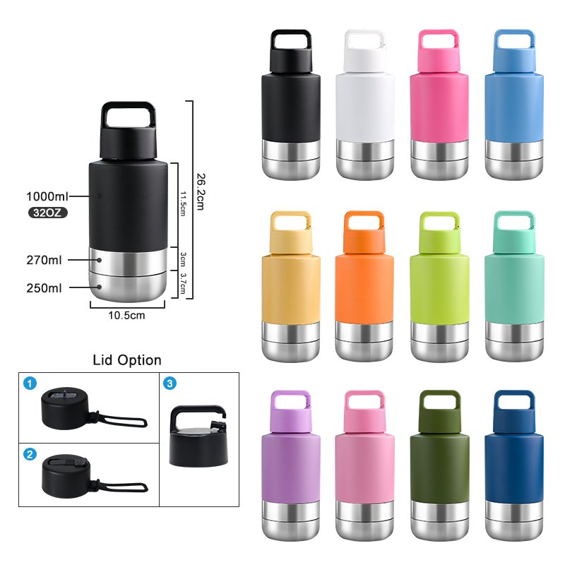Custom Logo 3 In 1 Style 32oz Portable Travel Pet Feeder Bowl Set Stainless Steel Outdoor Dog Water Bottle
