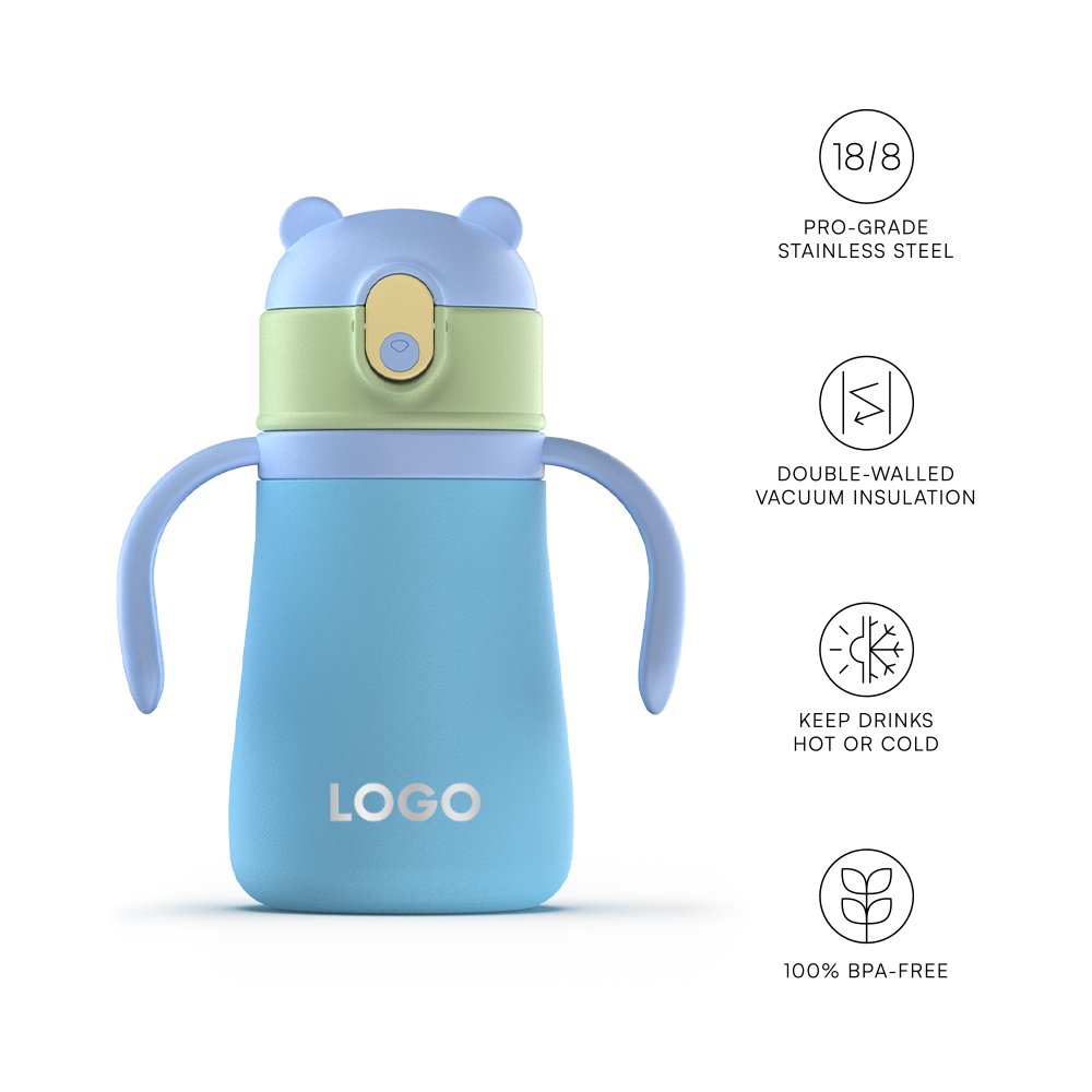 Cute 12 oz Stainless Steel Kids Bottle BPA-free Vacuum Insulated Sippy Cups with Straw and 2 Handles