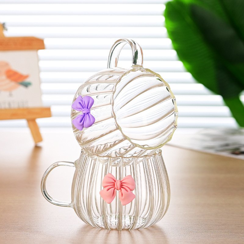 Heat Resistant Pumpkin Shape Striped Coffee Cups High Borosilicate Glass Mug Tumbler with Bow-knot Decoration