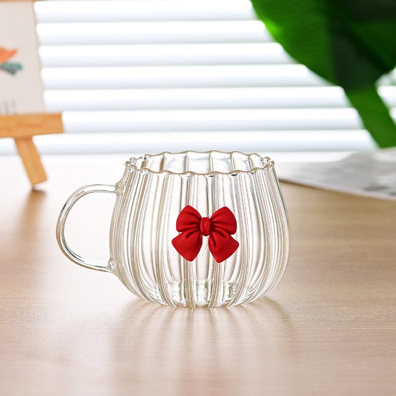 Heat Resistant Pumpkin Shape Striped Coffee Cups High Borosilicate Glass Mug Tumbler with Bow-knot Decoration