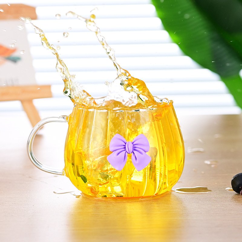 Heat Resistant Pumpkin Shape Striped Coffee Cups High Borosilicate Glass Mug Tumbler with Bow-knot Decoration