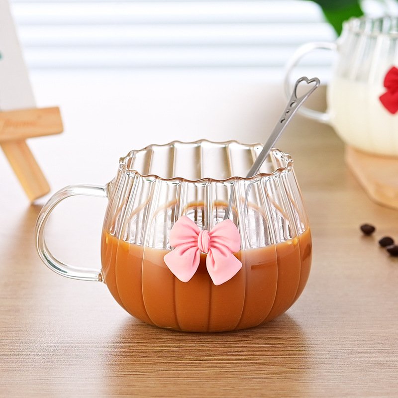 Heat Resistant Pumpkin Shape Striped Coffee Cups High Borosilicate Glass Mug Tumbler with Bow-knot Decoration