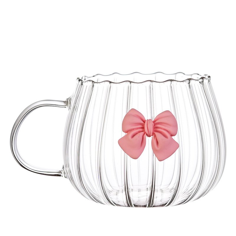 Heat Resistant Pumpkin Shape Striped Coffee Cups High Borosilicate Glass Mug Tumbler with Bow-knot Decoration