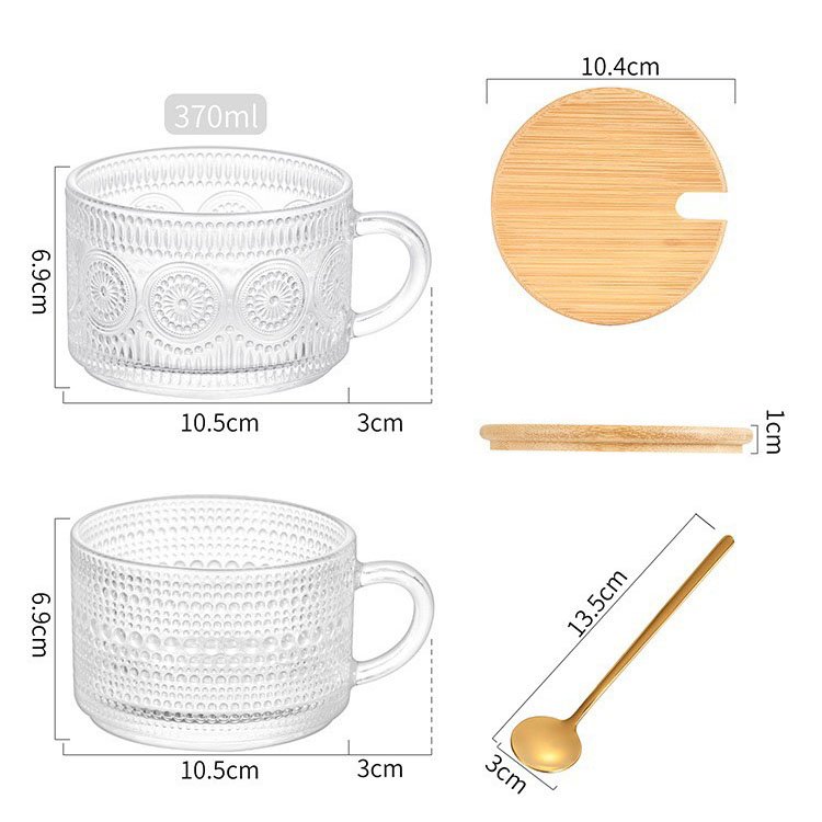 14oz Clear Embossed Glass Cups Vintage Sunflower Iced Coffee Mugs Overnight Oats Cups with Bamboo Lids and Spoons