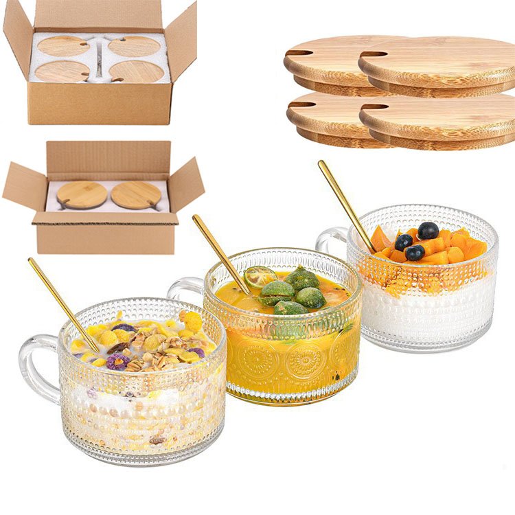 14oz Clear Embossed Glass Cups Vintage Sunflower Iced Coffee Mugs Overnight Oats Cups with Bamboo Lids and Spoons