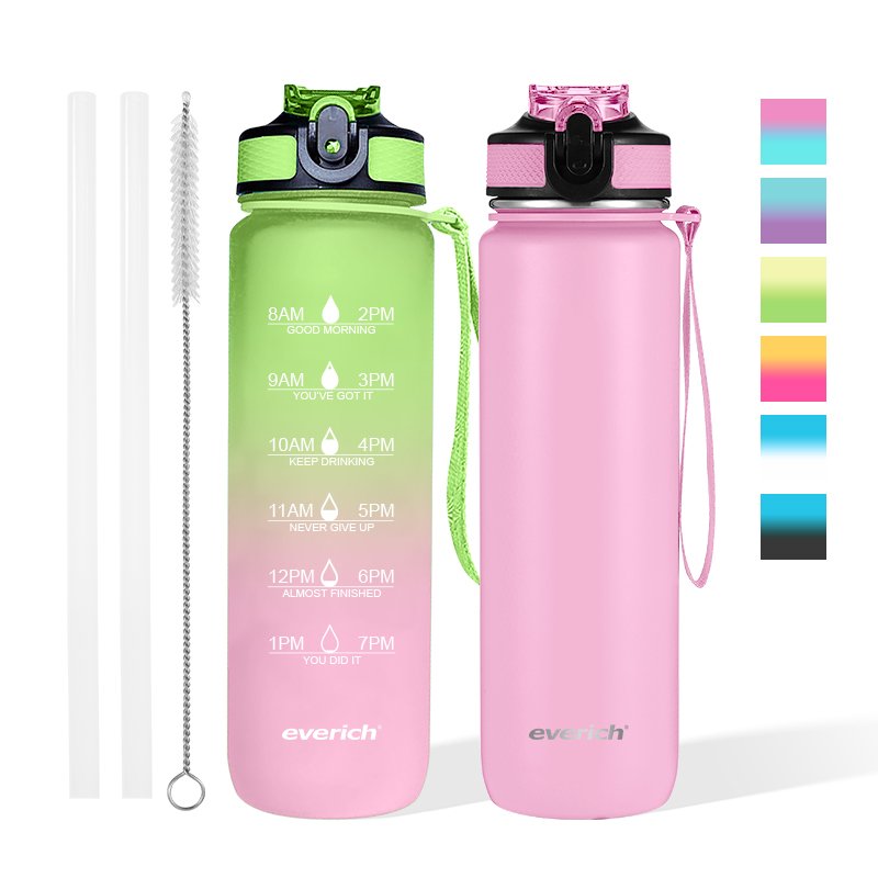 Everich 1000ml Motivational Tritan Plastic or Stainless steel Water Bottles for Sport BPA Free Straw Lid Custom Logo Wholesale