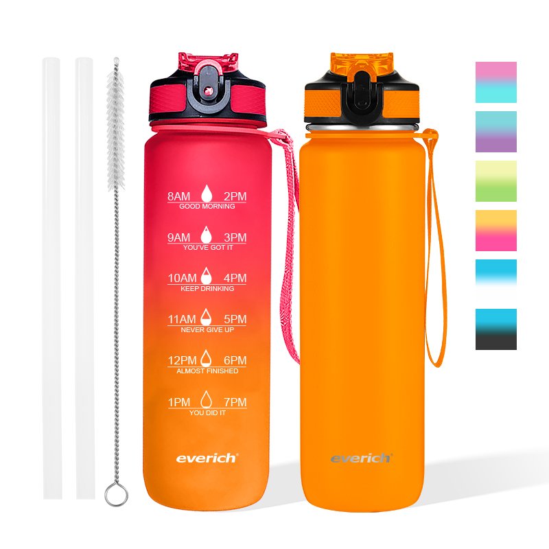 Everich 1000ml Motivational Tritan Plastic or Stainless steel Water Bottles for Sport BPA Free Straw Lid Custom Logo Wholesale
