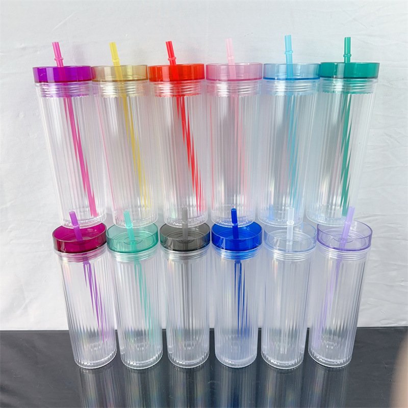 Custom Logo Acrylic Plastic Transparent Double Wall Straight Tumbler Cup 16oz Travel Mug with Straw and Lid